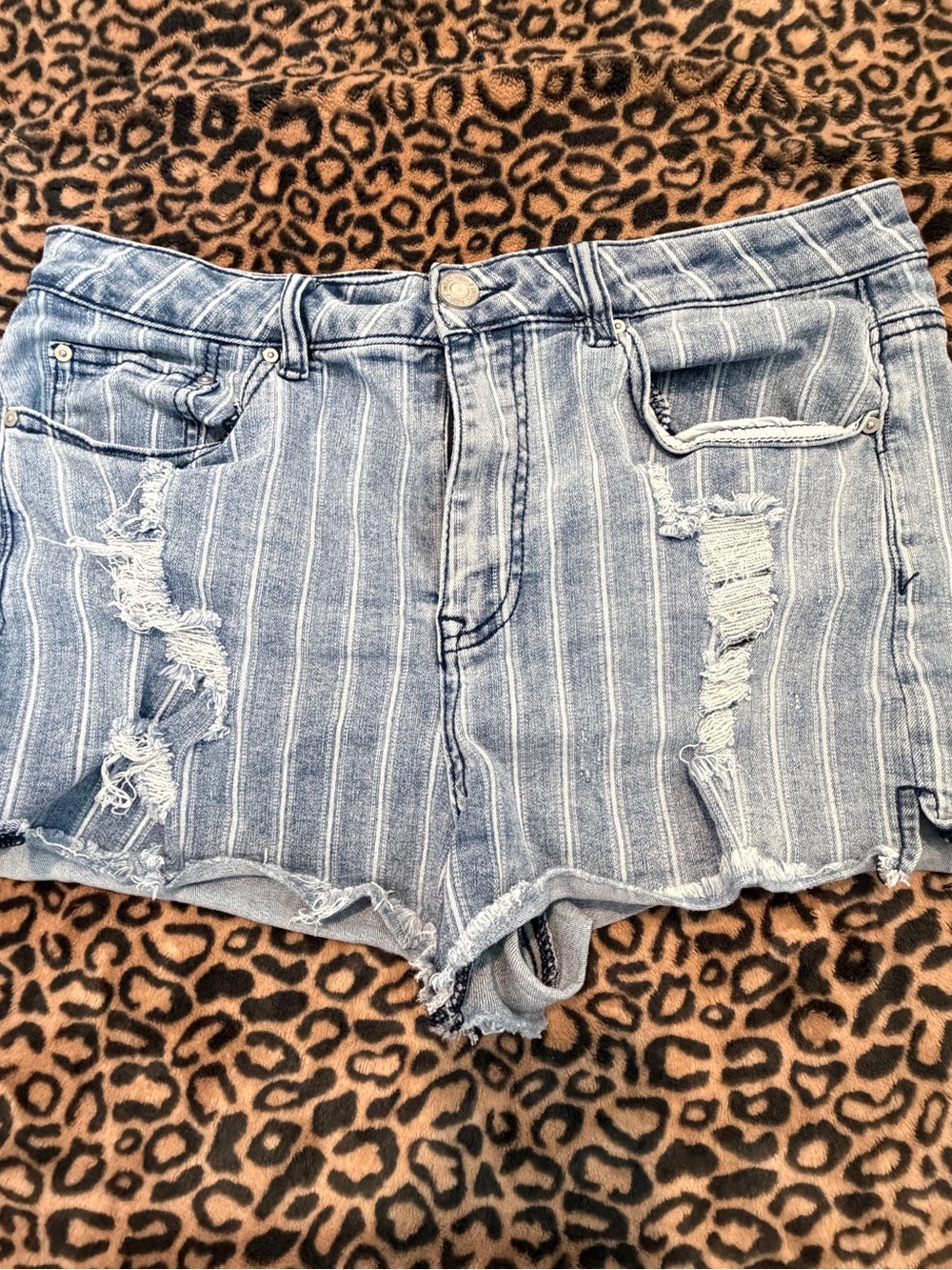 Striped Distressed Denim Women’s Shorts - Light Blue-size 30-stretch